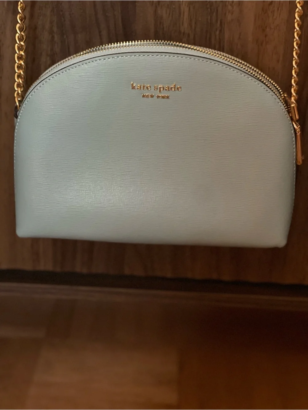 kate spade Light Blue Leather Dome Crossbody with Gold Chain Strap